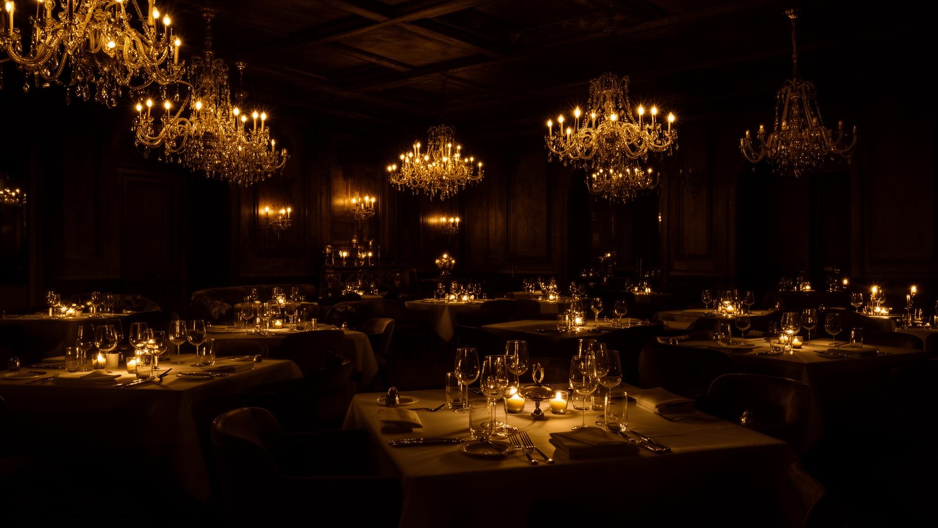 Candlelit fine dining room with chandeliers